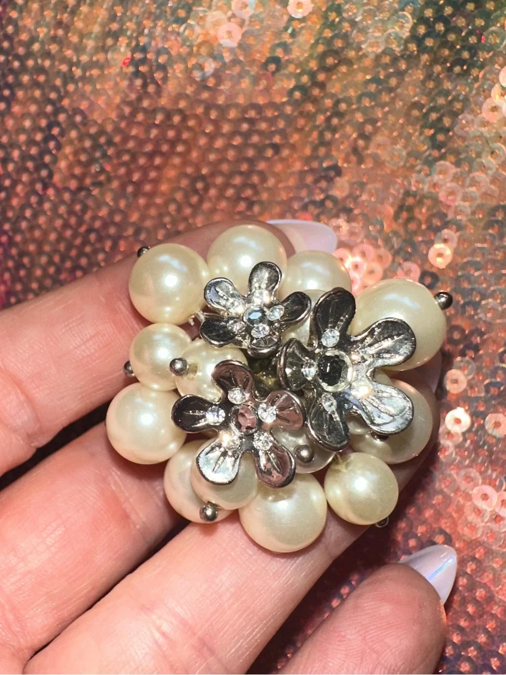 Floral & Pearl Cluster Silver Tone Stretch Ring